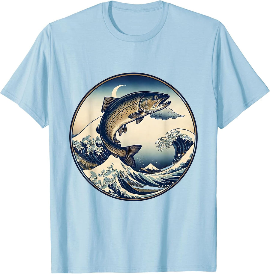 Men's Leaping Trout River Surface Fishing Illustration T-Shirt - Baby Blue