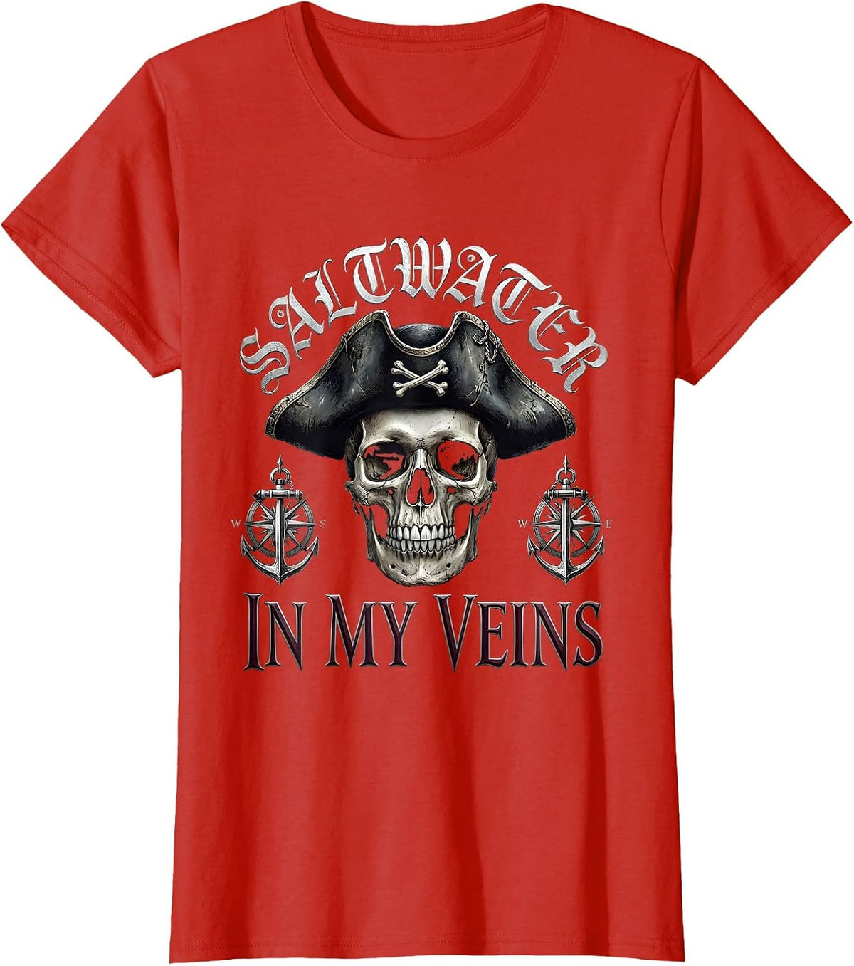 Saltwater In My Veins Pirate Nautical Design T-Shirt - Red