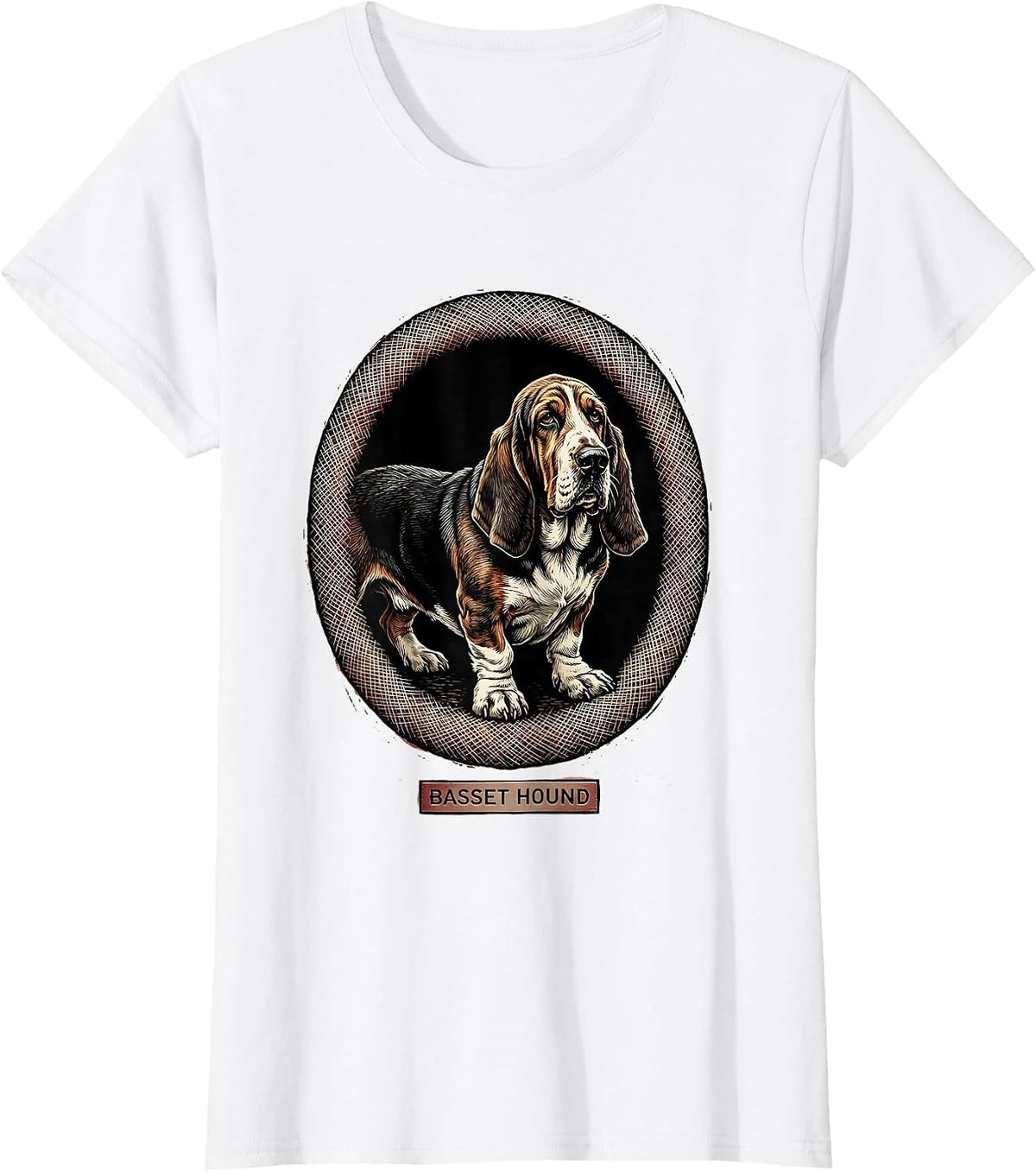 Women's Basset Hound Minimalist Badge Patch Line Art Animal T-Shirt - White