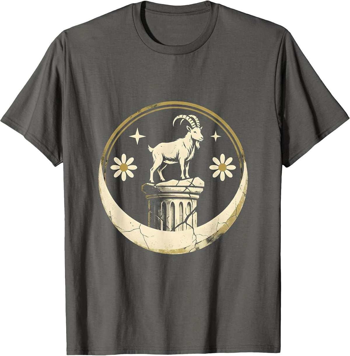 Capricorn Lone Goat Ancient Pillar Zodiac Art T-Shirt - Asphalt Grey