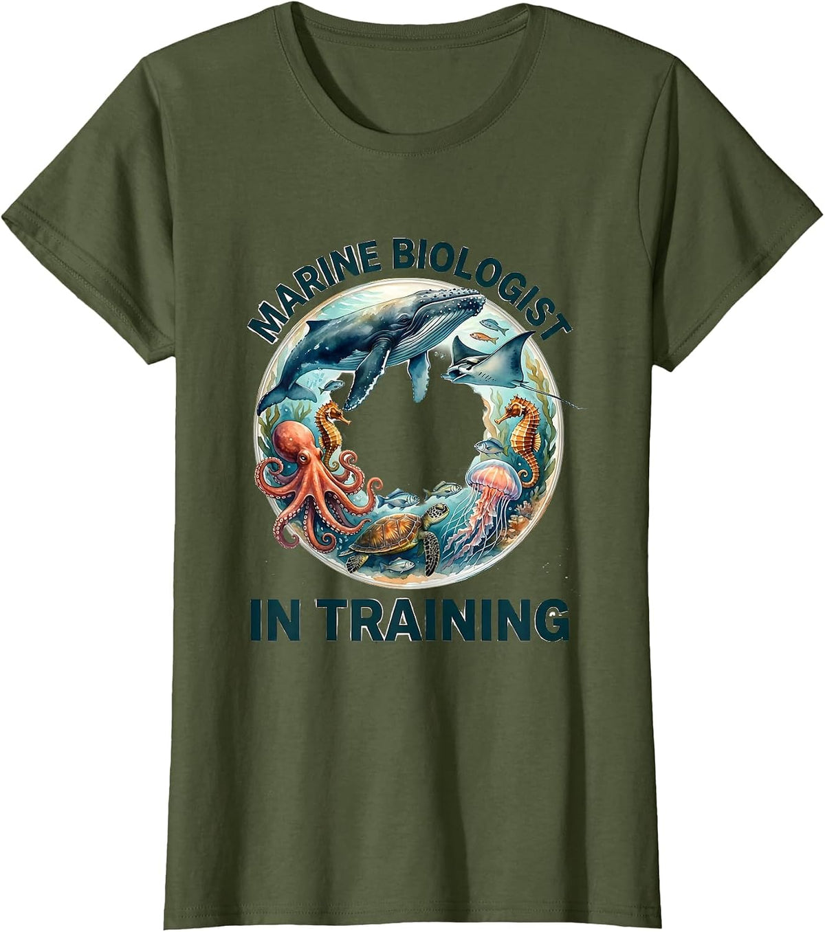 Women's Marine Biologist In Training Watercolor Ocean Animals Whale T-Shirt - Olive Green