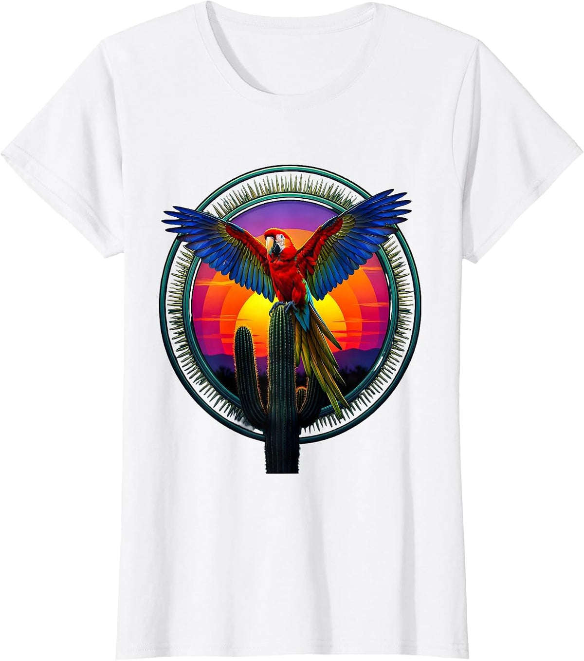 Latina Parrot on Cactus Sunset Illustration T-Shirt - White