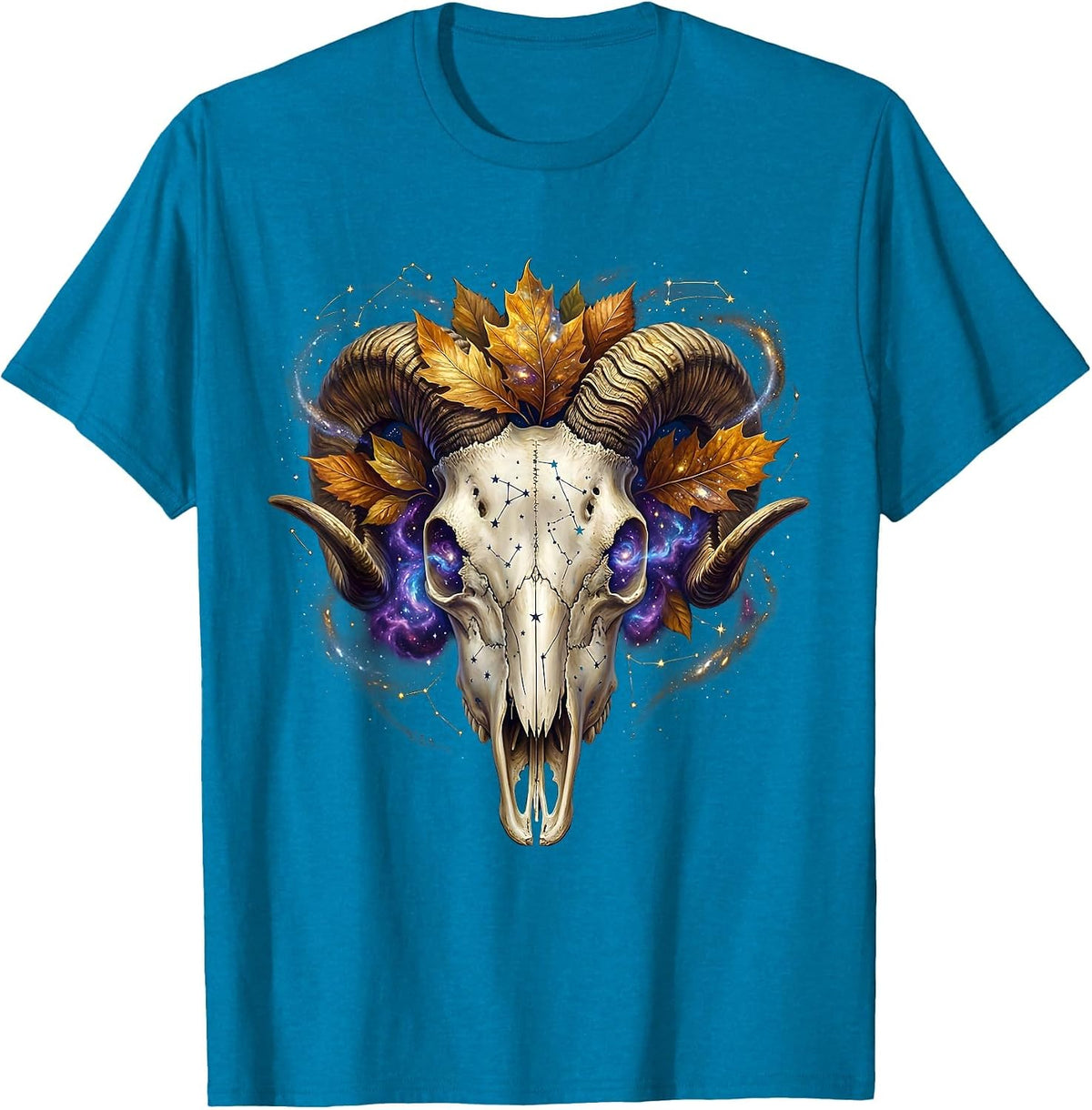 Capricorn Goat Skull Autumn Leaves Zodiac T-Shirt - Sapphire Blue