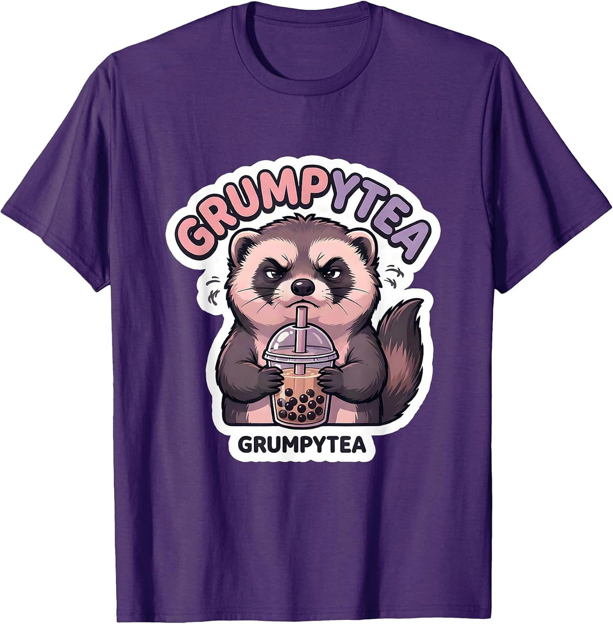 Grumpytea Kawaii Ferret Boba Tea Anime Aesthetic Sticker T-Shirt - Purple