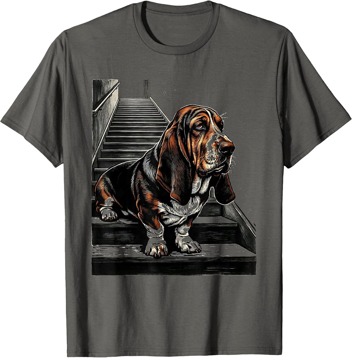 Basset Hound Dog Breed Funny Linocut Art T-Shirt - Asphalt Grey