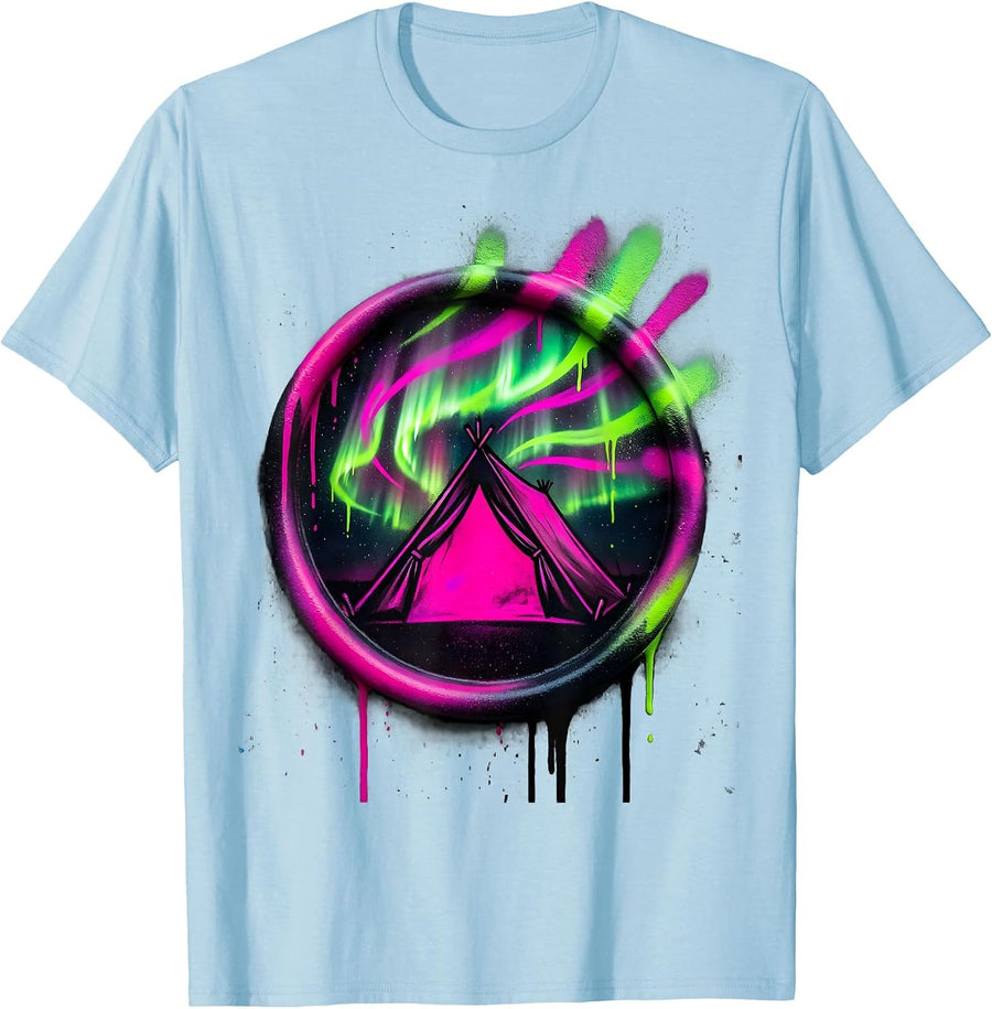 Men's Northern Lights Lone Tent Camping Illustration T-Shirt - Baby Blue