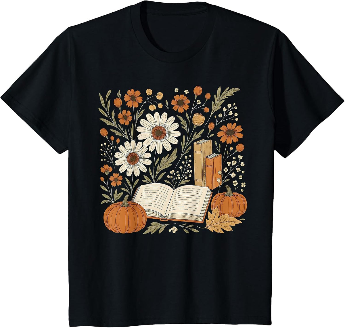 Reading Book Pumpkin Wildflower Fall Reader Bookish Autumn T-Shirt - Black