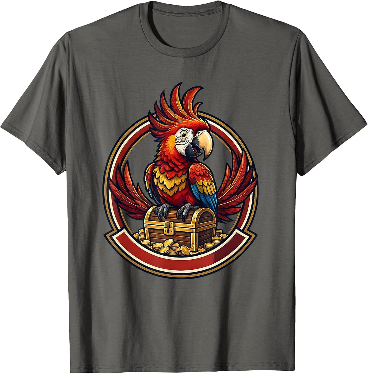 Men's Pirate Parrot on Treasure Chest Graphic Tee T-Shirt - Asphalt Grey