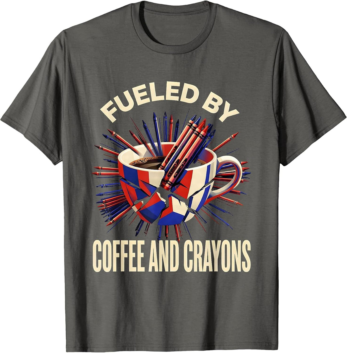 Men's Fueled by Coffee and Crayons 2nd Grade Teacher T-Shirt - Asphalt Grey