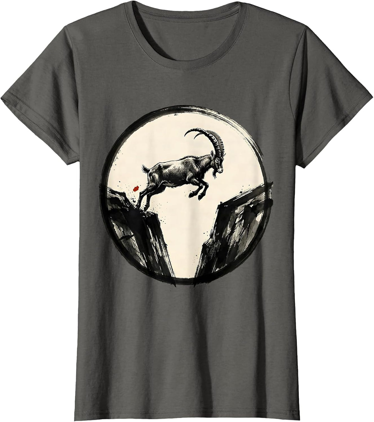 Women's Mountain Goat Leaping Rocky Cliffs Wildlife Design T-Shirt - Asphalt Grey
