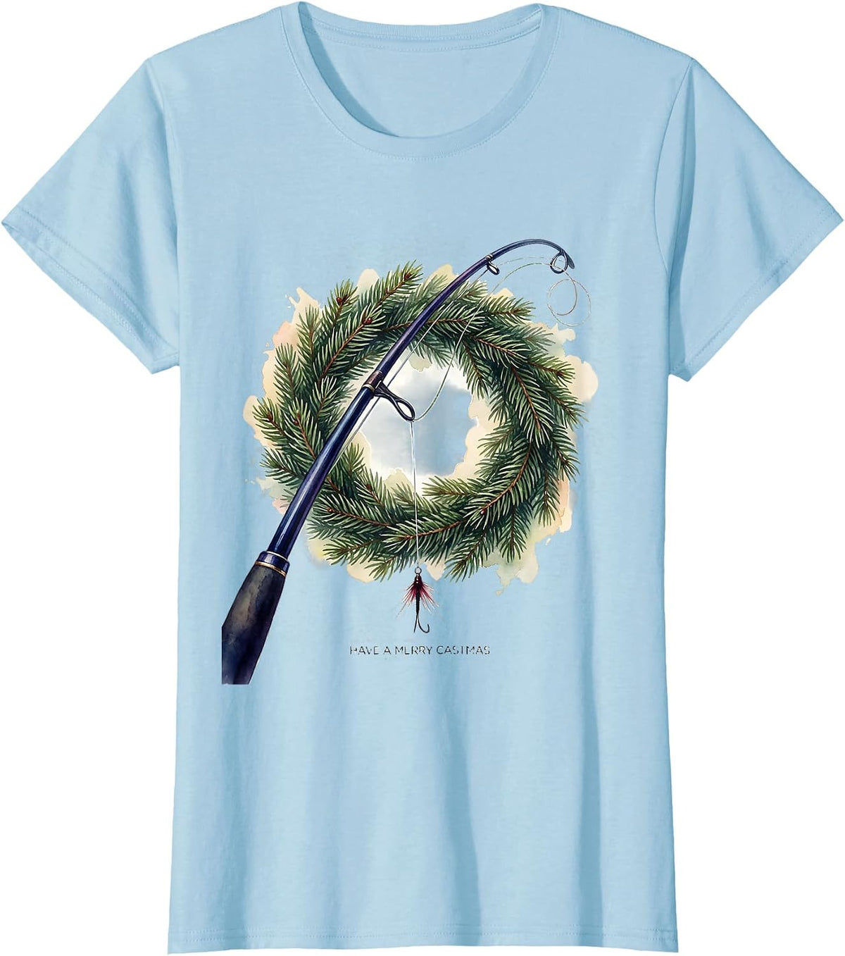Have a Merry Castmas Watercolor Fishing Christmas Ugly T-Shirt - Baby Blue