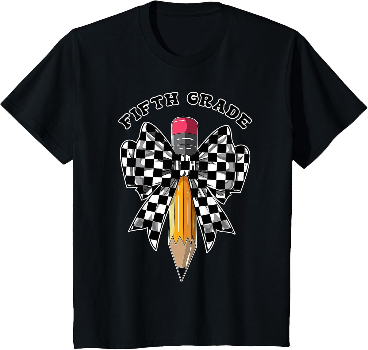 Fifth Grade Coquette Checkered Back to School Teacher Kids T-Shirt - Black