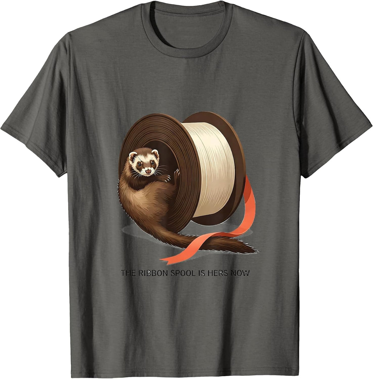 The Ribbon Spool Is Hers Now Funny Ferret Lover Christmas T-Shirt - Asphalt Grey