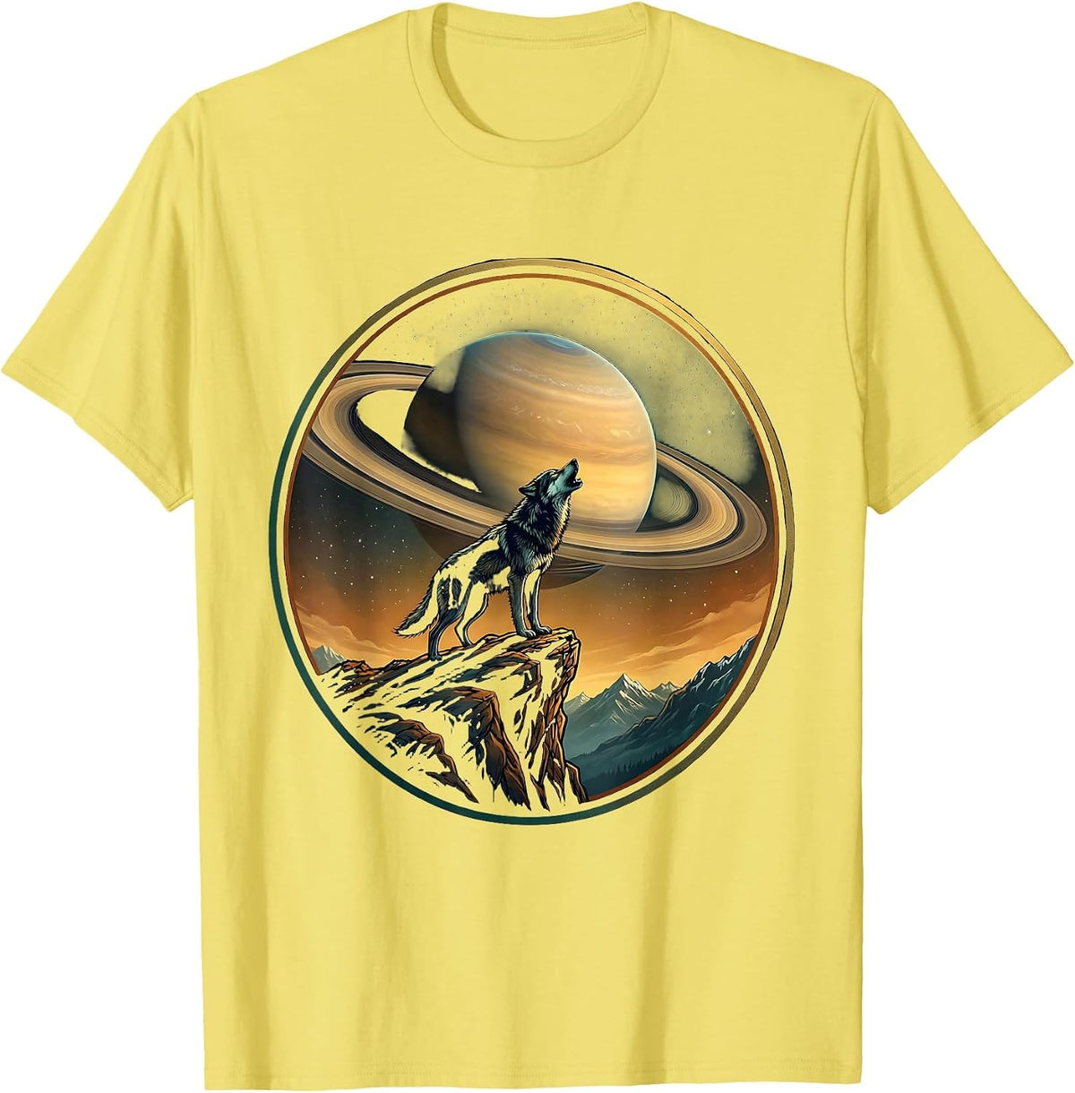 Men's Wolf Howling at Ringed Planet Space Illustration T-Shirt - Lemon Yellow