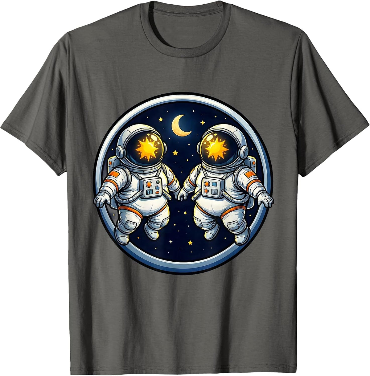 Twin Astronauts Floating in Space Illustration T-Shirt - Asphalt Grey