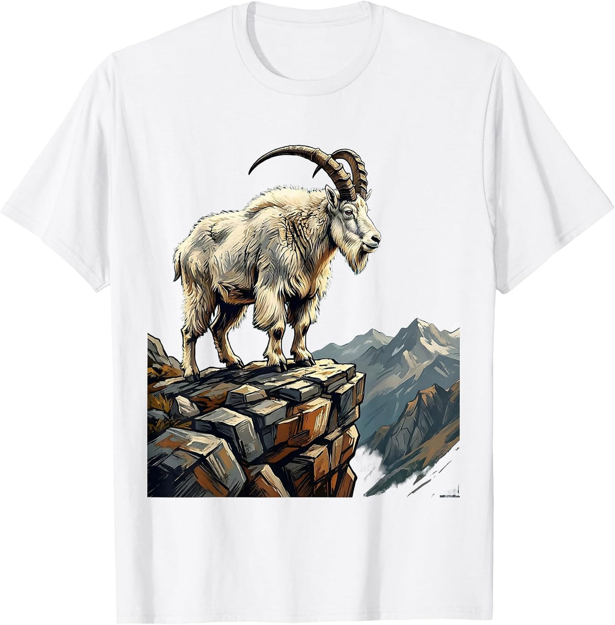 Men's Mountain Goat Rocky Cliff Edge Wildlife Illustration T-Shirt - White