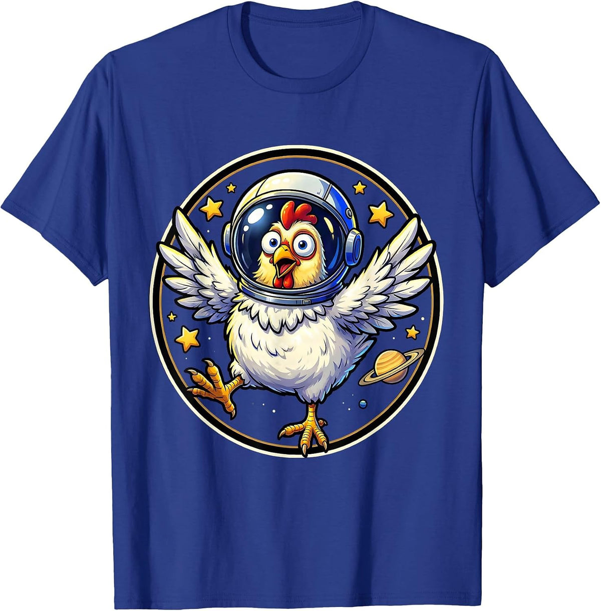 Men's Chicken Astronaut Floating in Outer Space T-Shirt - Royal Blue