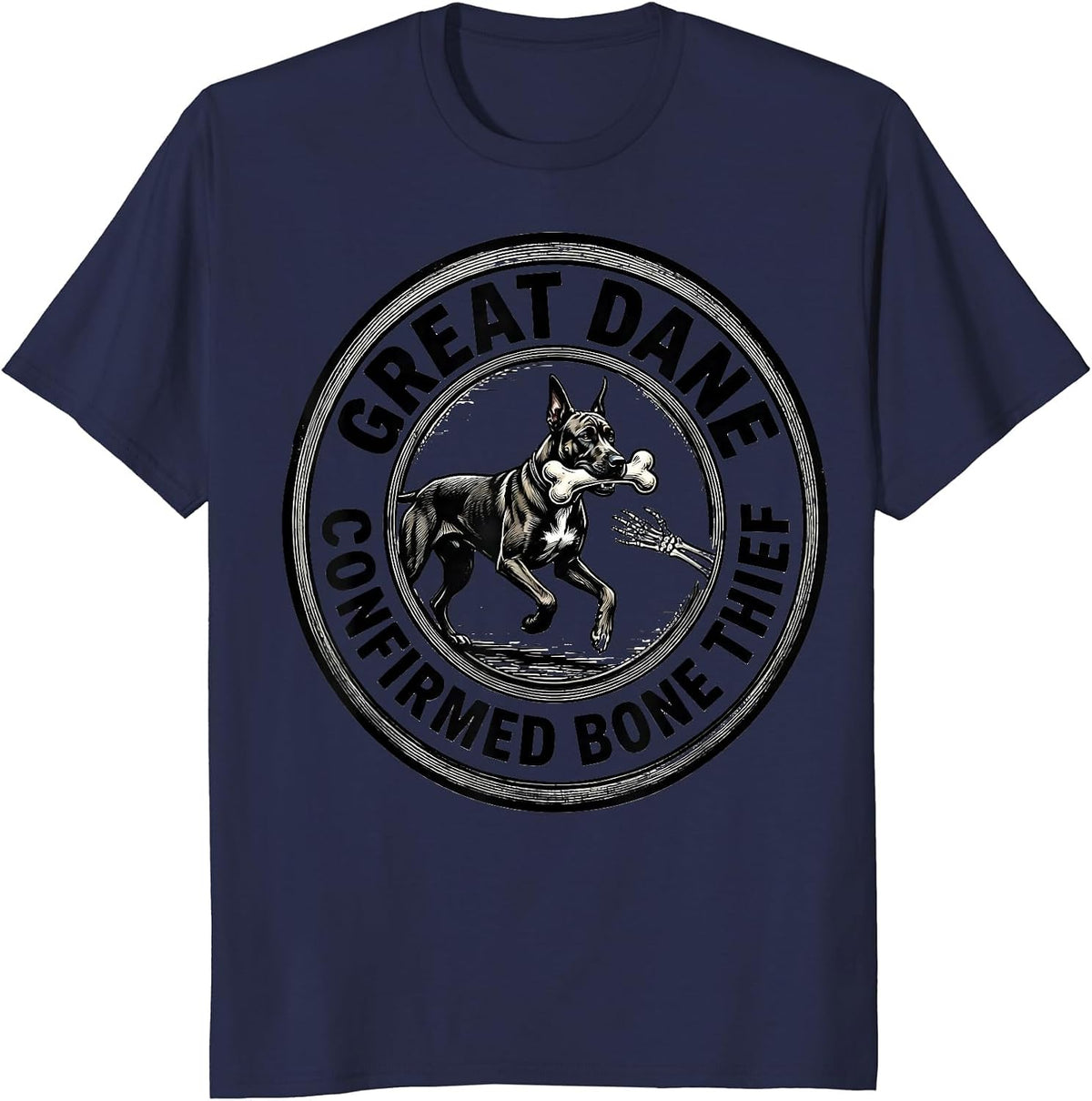 GREAT DANE: CONFIRMED BONE THIEF Funny Skeleton Chasing Dog T-Shirt - Navy Blue