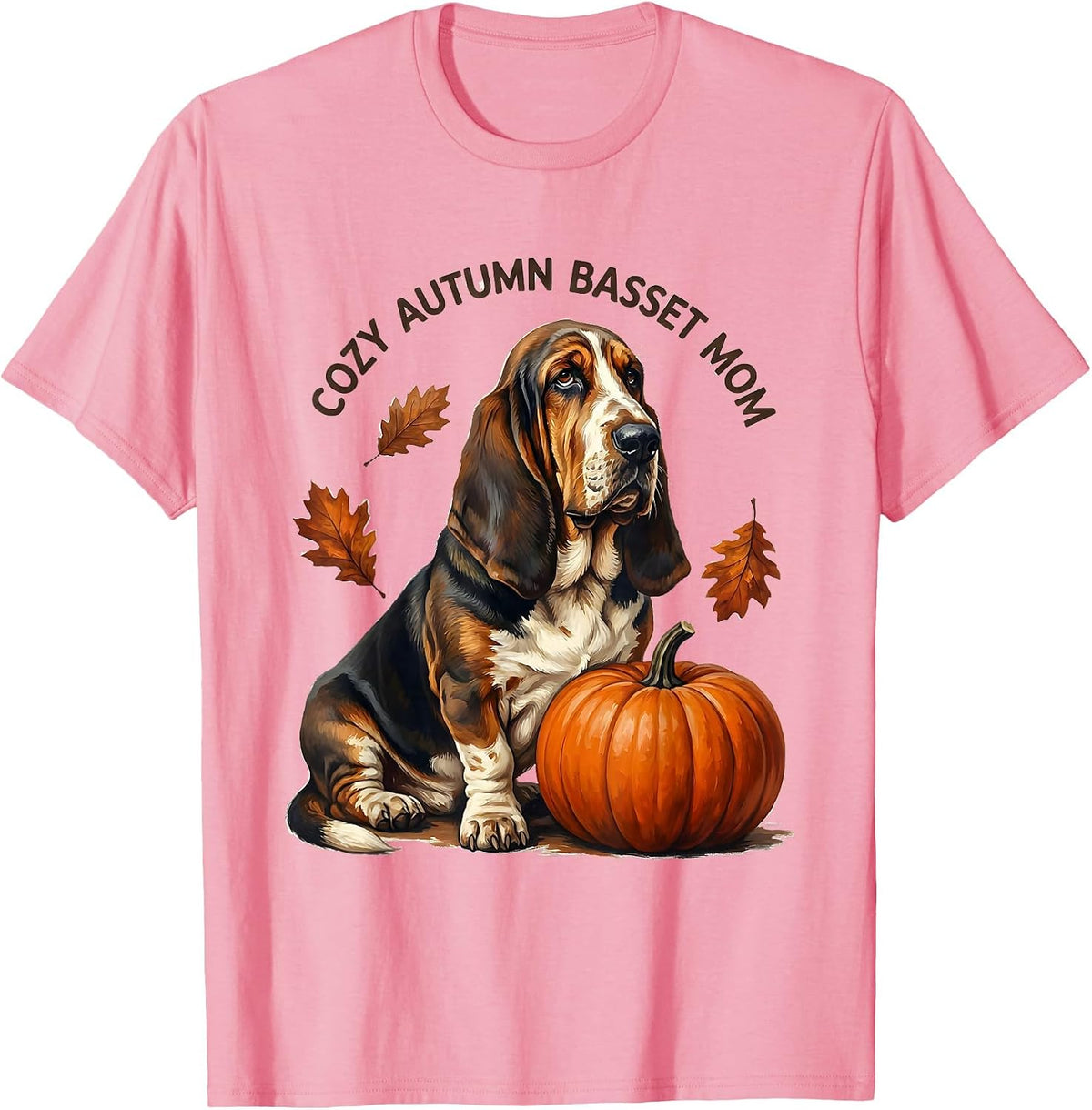Men's Cozy Autumn Basset Mom Whimsical Basset Hound Fall Dog Lover T-Shirt - Pink