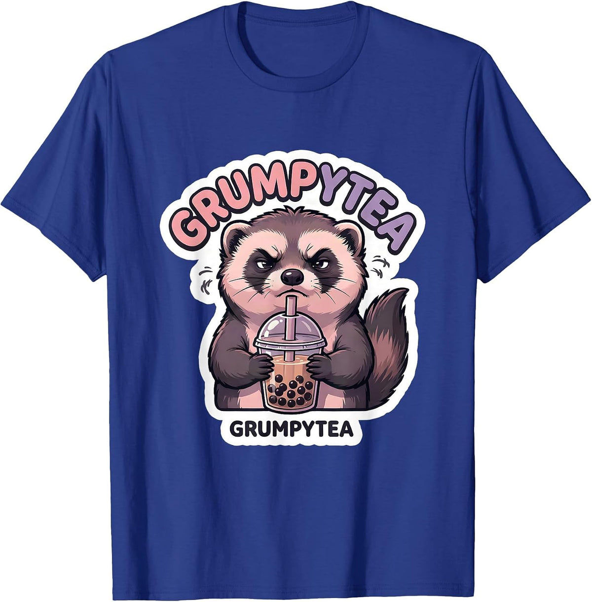 Grumpytea Kawaii Ferret Boba Tea Anime Aesthetic Sticker T-Shirt - Royal Blue