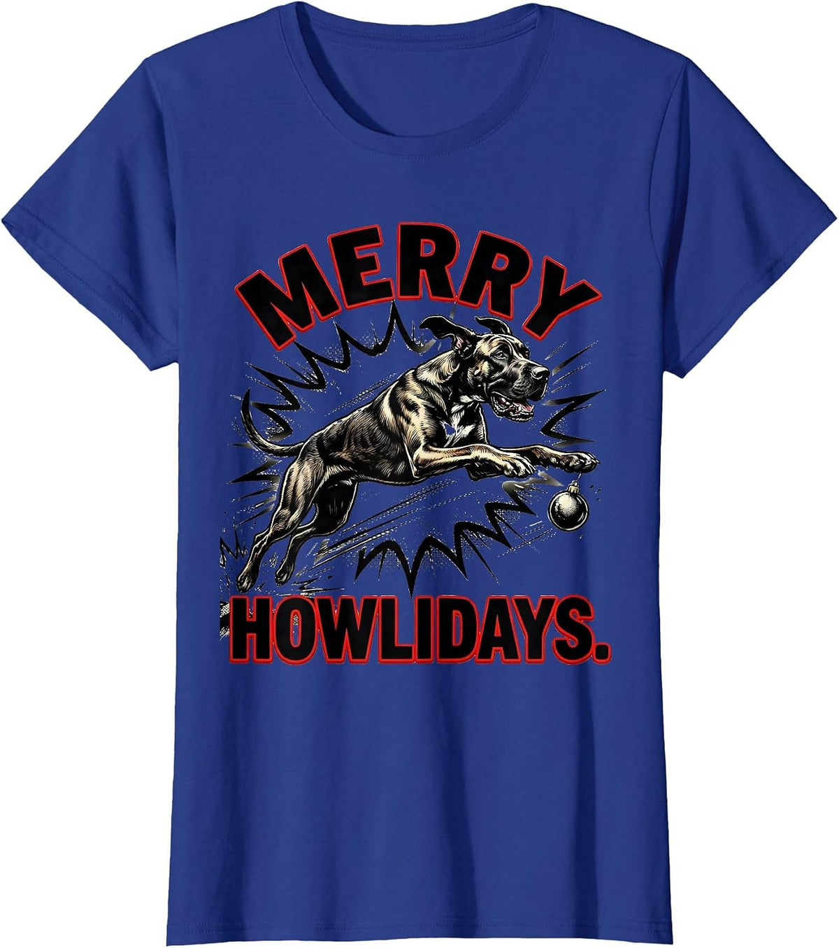 Women's Merry Howlidays Comic Book Great Dane Christmas Dog Lover T-Shirt - Royal Blue