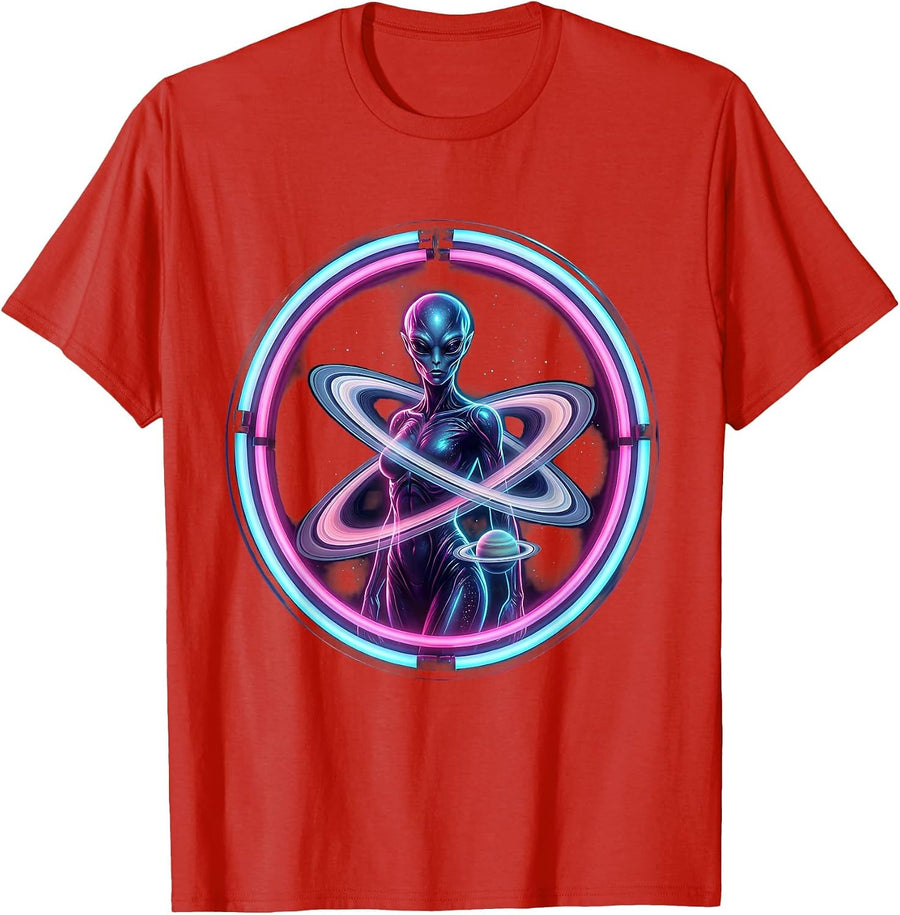 Men's Alien Woman Wrapped in Saturn Rings Space Art T-Shirt - Red
