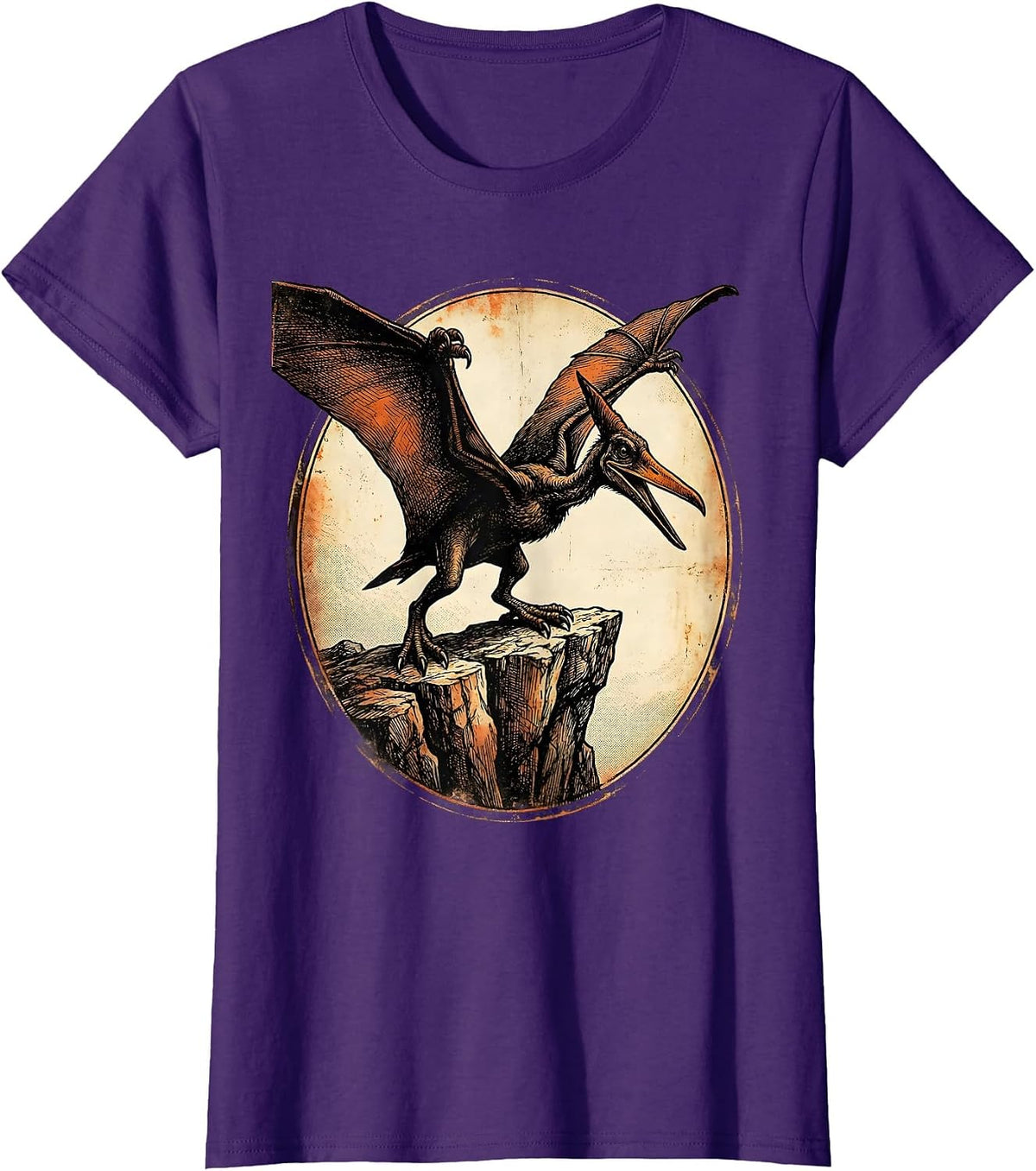 Women's Pterodactyl Cliff Perch Prehistoric Dinosaur Design T-Shirt - Purple