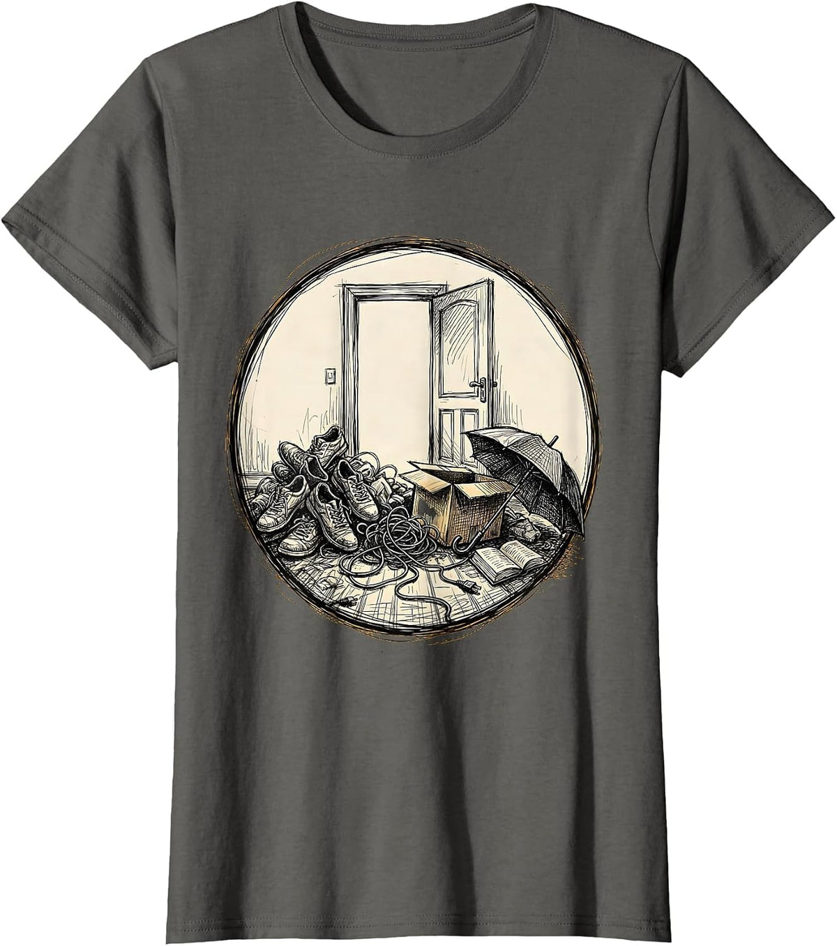 Women's Fall Prevention Cluttered Doorway Illustration T-Shirt - Asphalt Grey