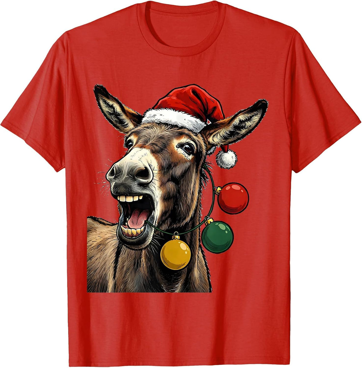 Men's Donkey Santa Hat Whimsical Farm Animal Christmas Novelty T-Shirt - Red