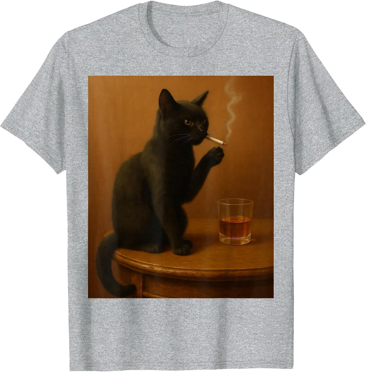Vintage Black Cat Smoking a Cigarette Funny Cat T-Shirt - Heather Grey