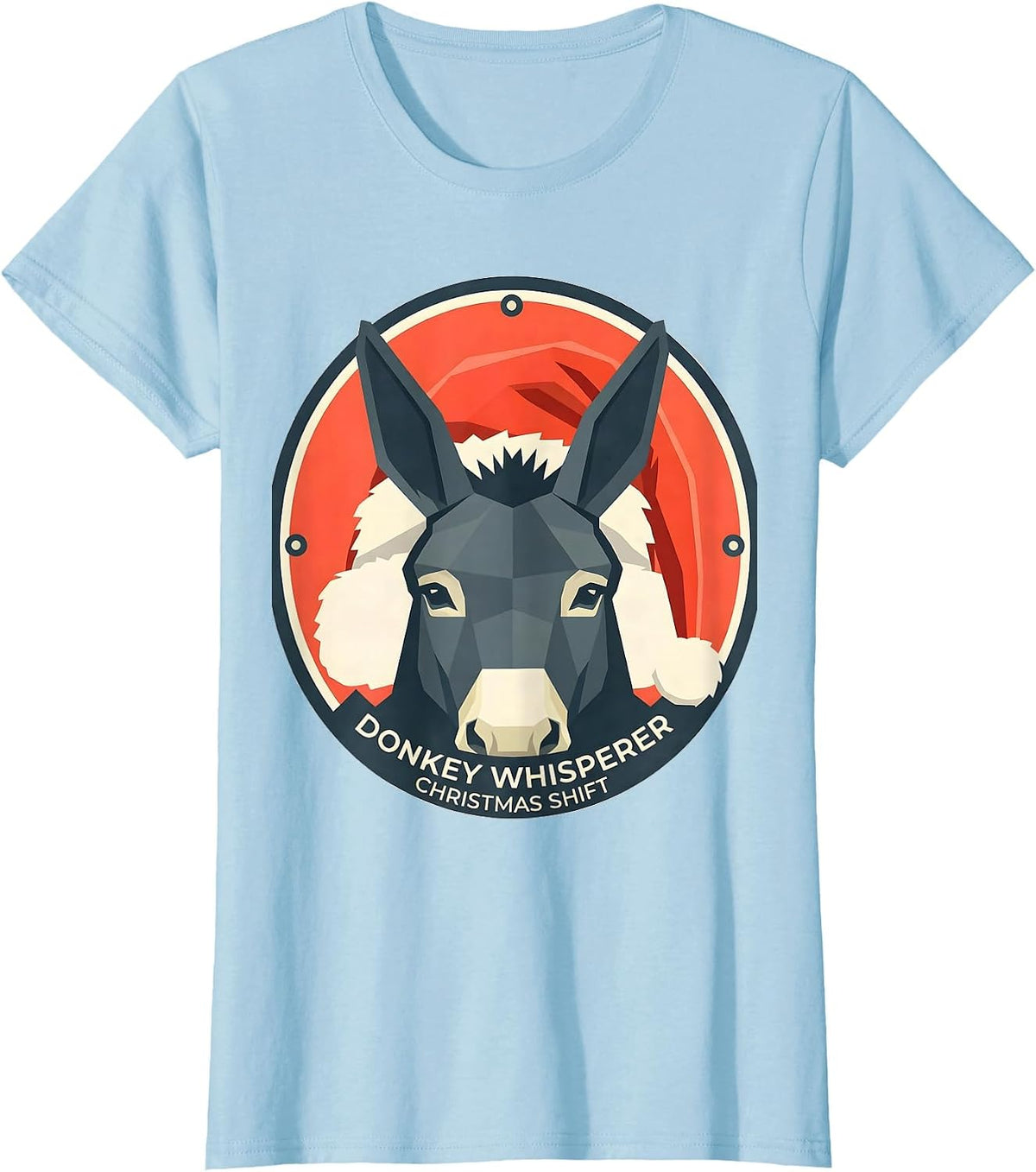 Women's Donkey Whisperer Christmas Shift Funny Farm Animal Santa Hat T-Shirt - Baby Blue