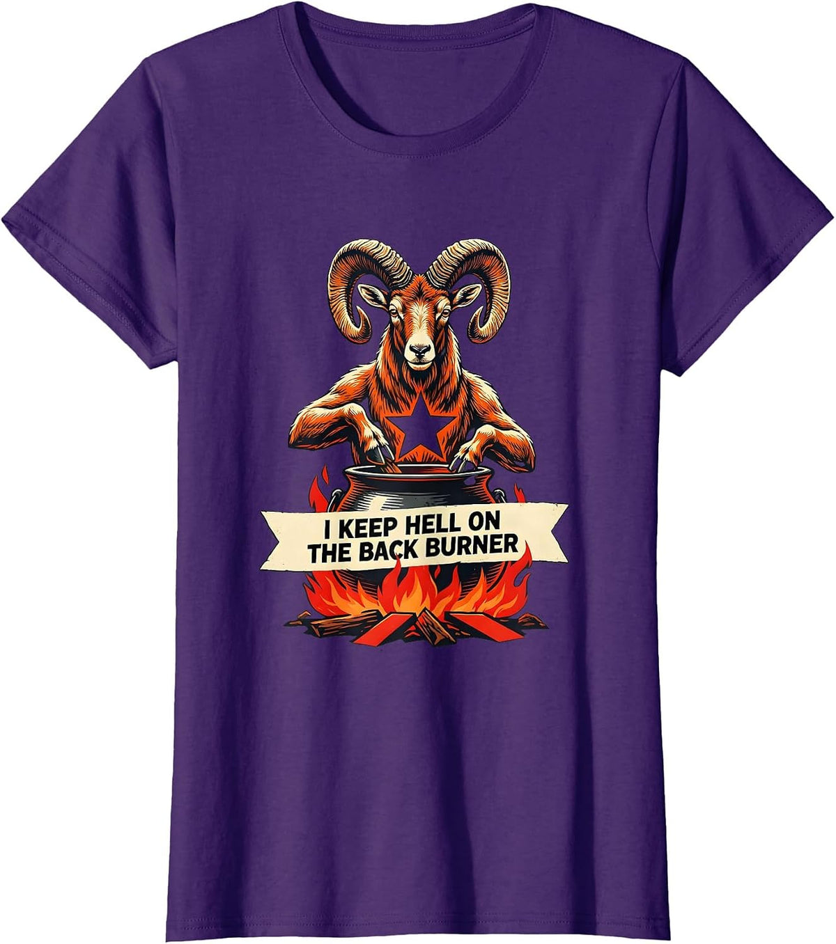 Women's I Keep Hell On The Back Burner Occult Gothic Satanic Goat T-Shirt - Purple