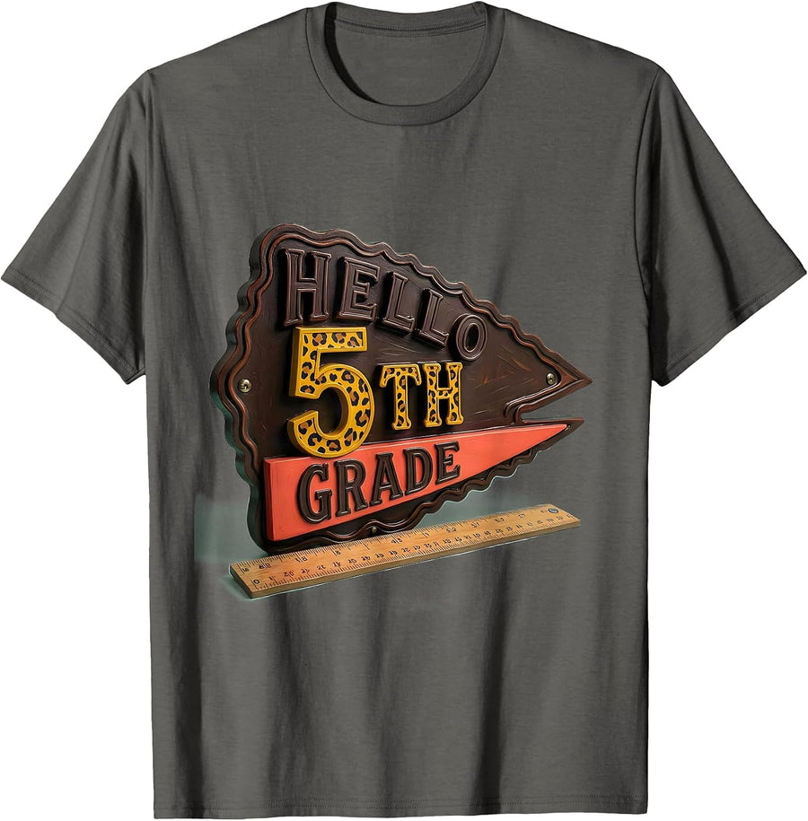 Hello 5th Grade Cheerful Back To School Girl Teacher T-Shirt - Asphalt Grey