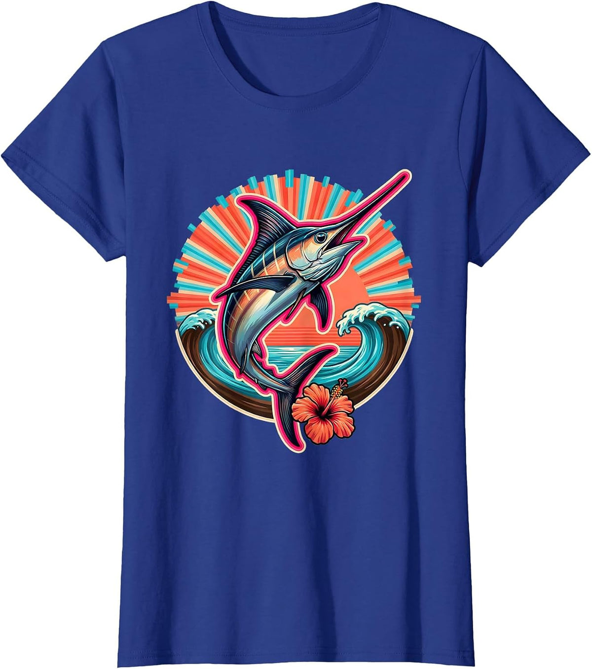 Women's Marlin Jumping at Sunrise Ocean Graphic T-Shirt - Royal Blue