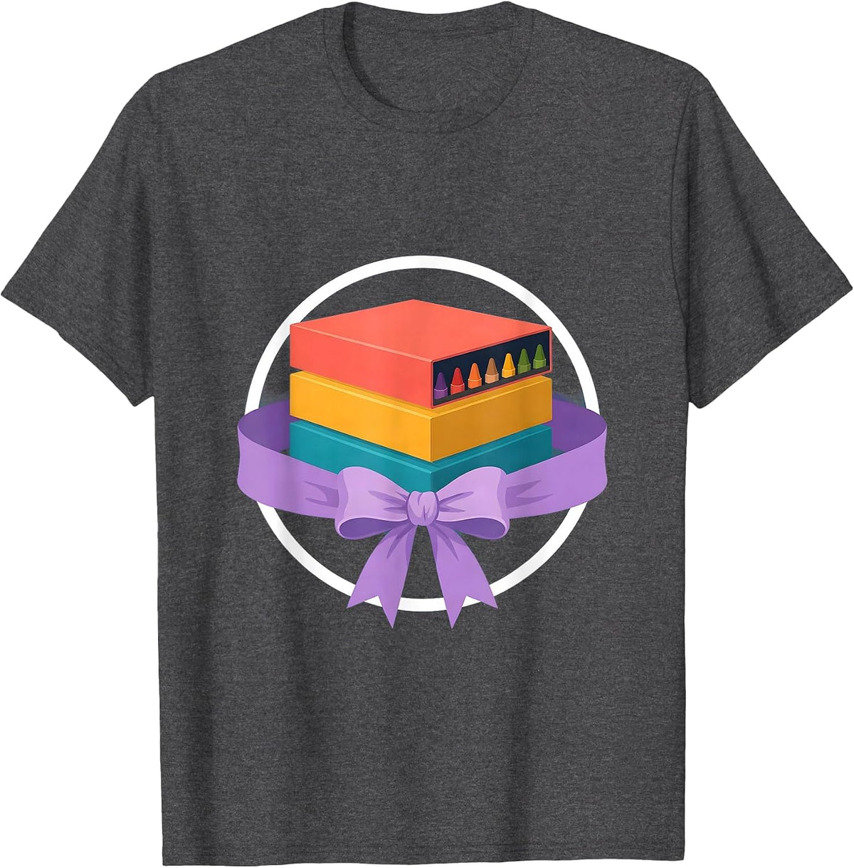 Men's 2nd Grade Teacher Crayon Boxes Ribbon Illustration T-Shirt - Dark Heather Grey
