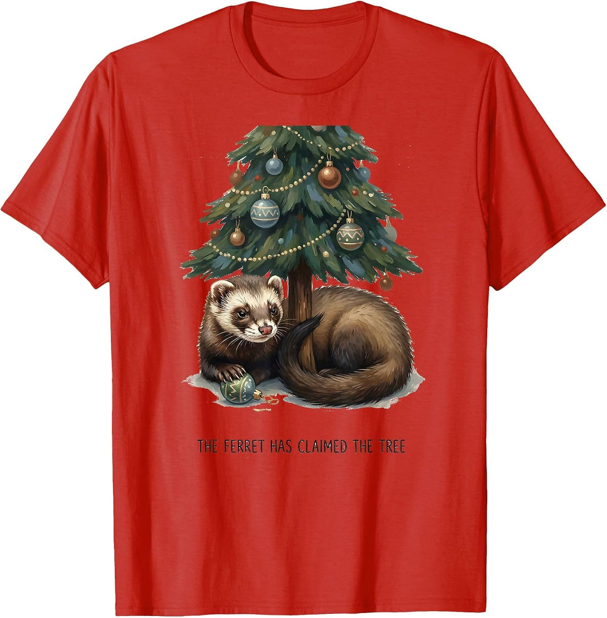 Men's The Ferret Has Claimed The Tree Funny Ferret Lover Christmas T-Shirt - Red
