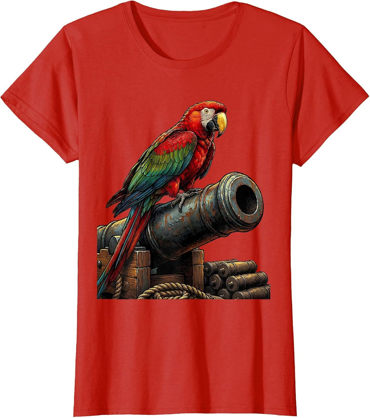 Pirate Parrot Perched on Cannon Barrel T-Shirt - Red