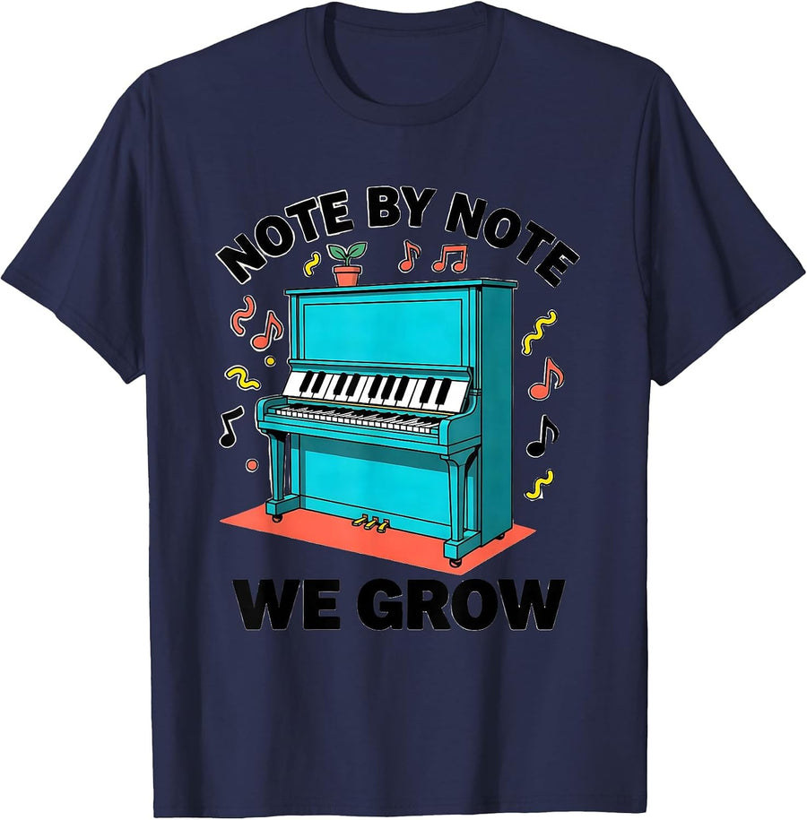 Note by Note We Grow Music Teacher Design T-Shirt - Navy Blue