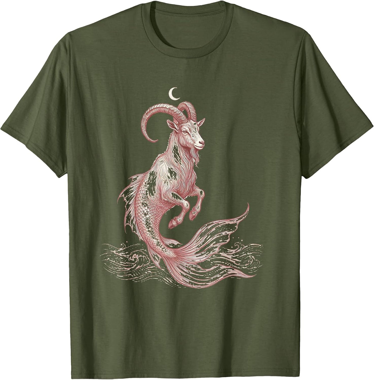 Capricorn Sea-Goat Rising Ocean Waves Zodiac T-Shirt - Olive Green