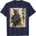 Ukiyo Samurai Cat Warrior Ink Artwork Cat Samurai T-Shirt - Navy Blue