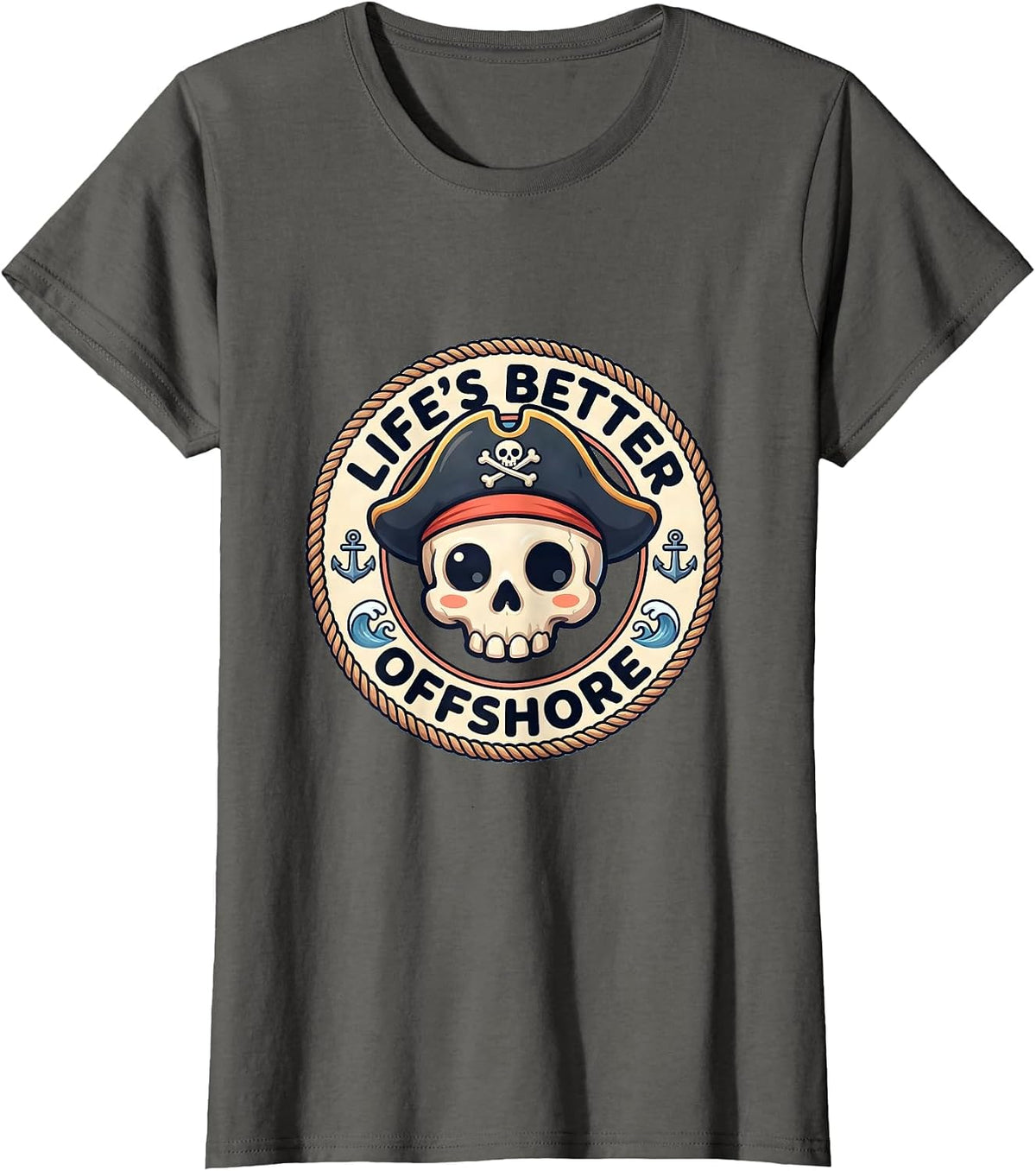 Women's Life's Better Offshore Pirate Adventure Design T-Shirt - Asphalt Grey