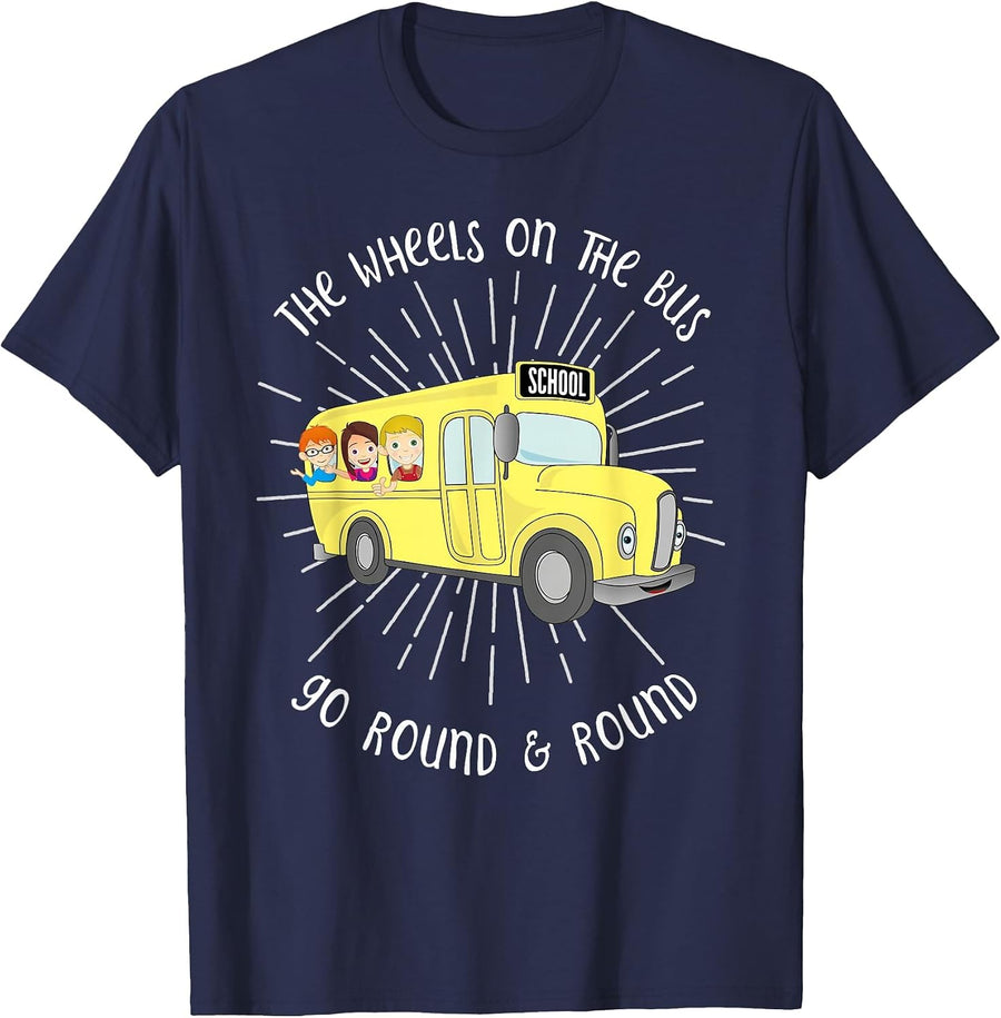 The Wheels on the Bus Graphic Musical Nursery Rhyme T-Shirt T-Shirt - Navy Blue