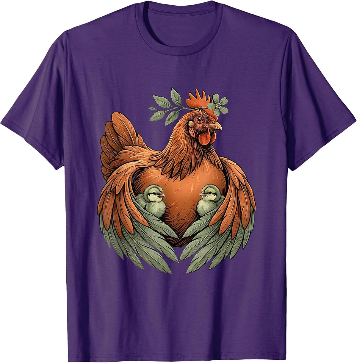 Mother Hen and Chicks Protective Love Illustration T-Shirt - Purple