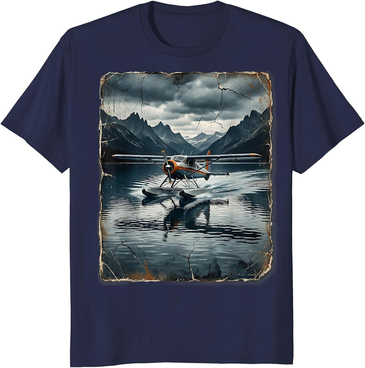 Float Plane Landing on Glacial Lake Alaska T-Shirt - Navy Blue