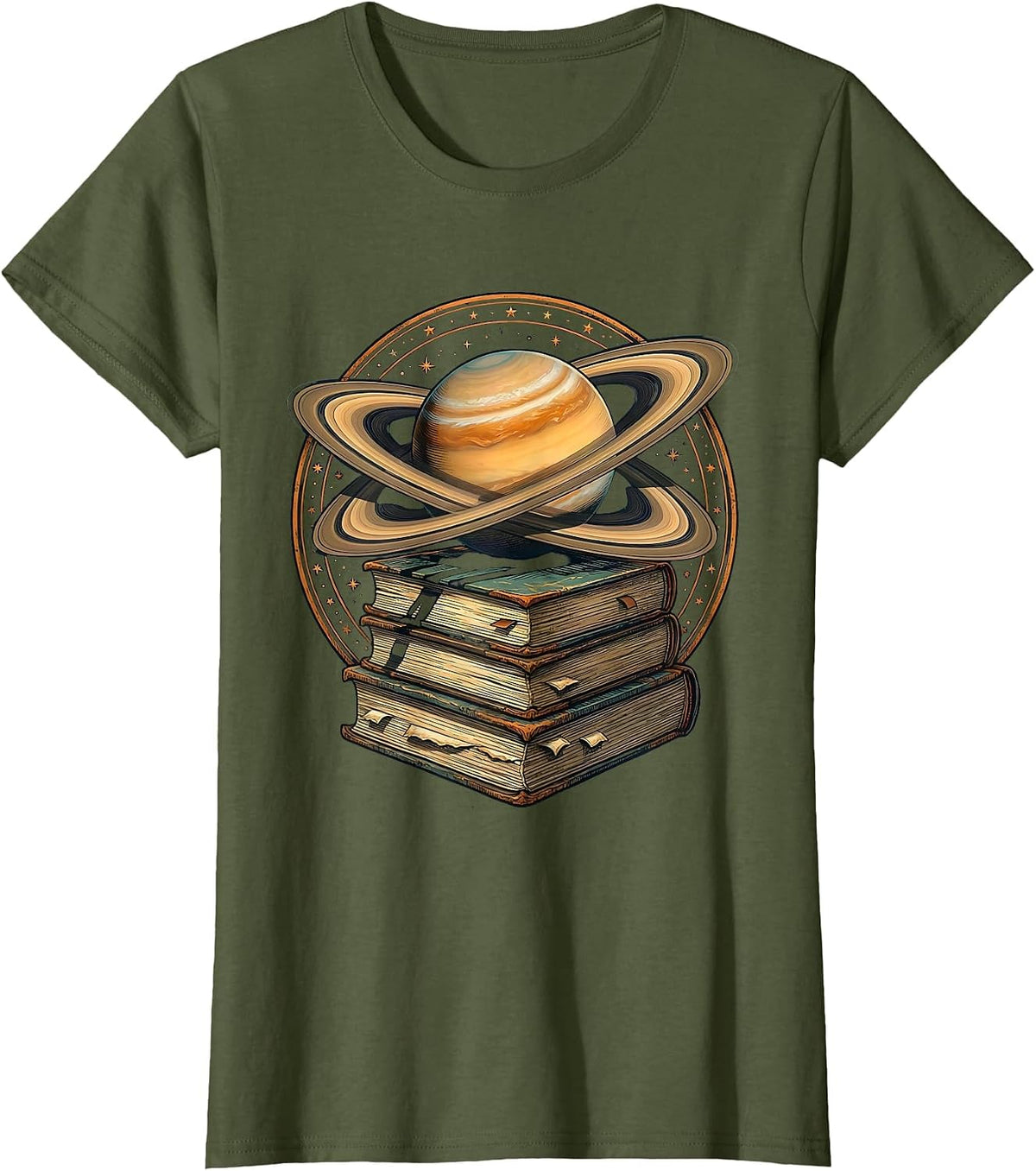 Women's Science Teacher Saturn Stacked Textbooks Graphic T-Shirt - Olive Green