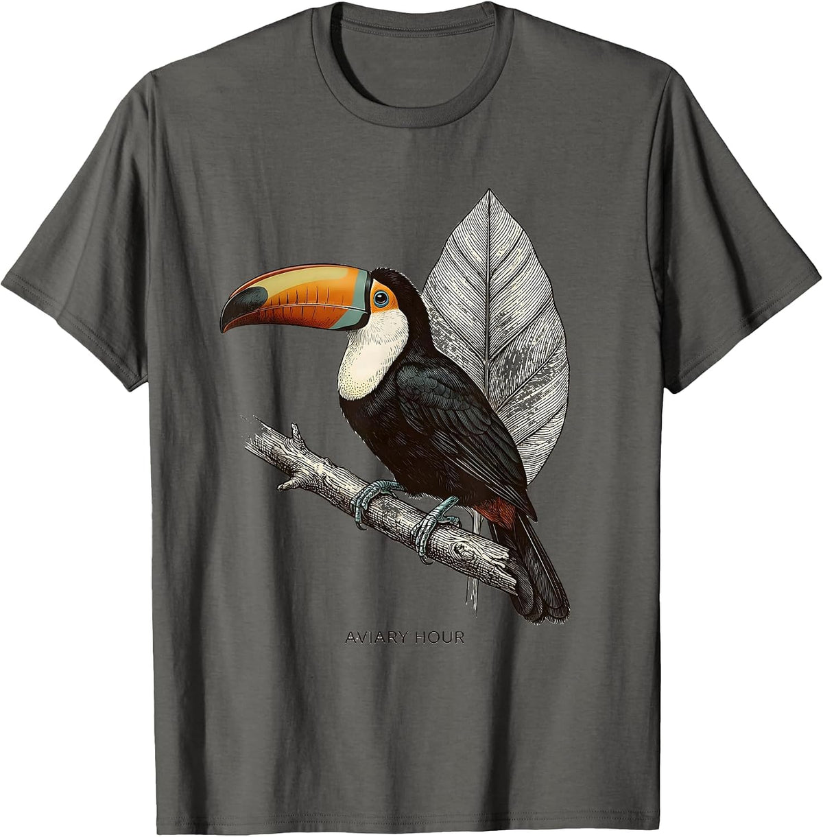 Men's Aviary Hour Botanical Retro Toucan Wildlife Illustration T-Shirt - Asphalt Grey