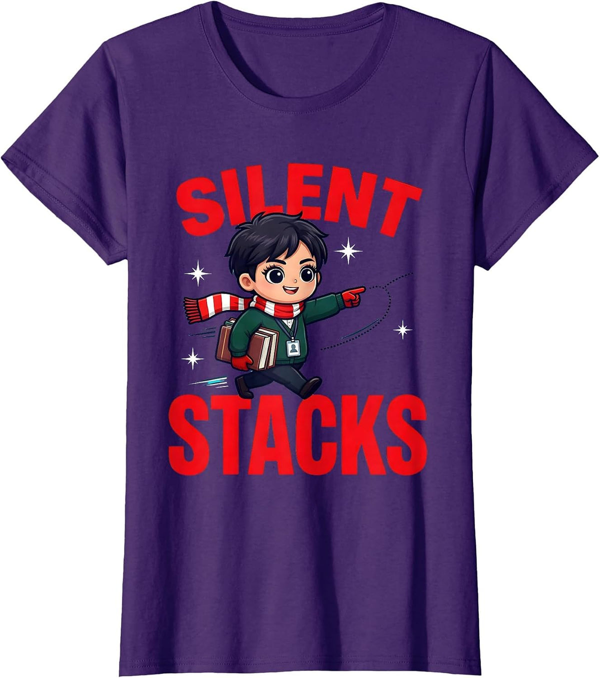 Women's SILENT STACKS Funny School Librarian Christmas T-Shirt - Purple