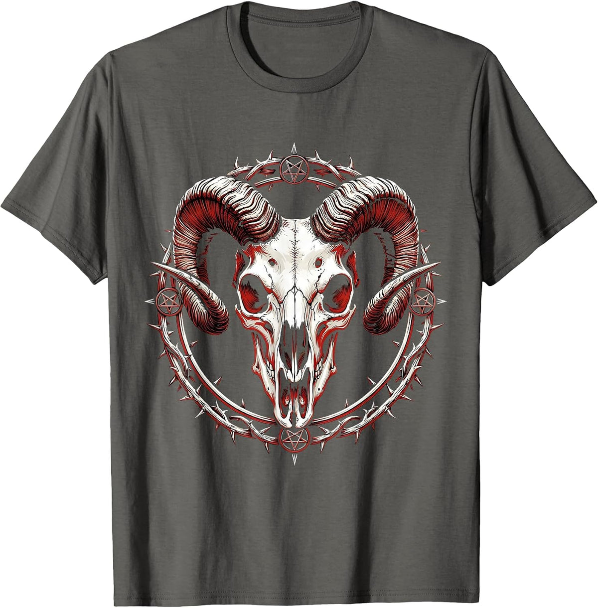Demonic Goat Skull Curved Horns Horror Art T-Shirt - Asphalt Grey