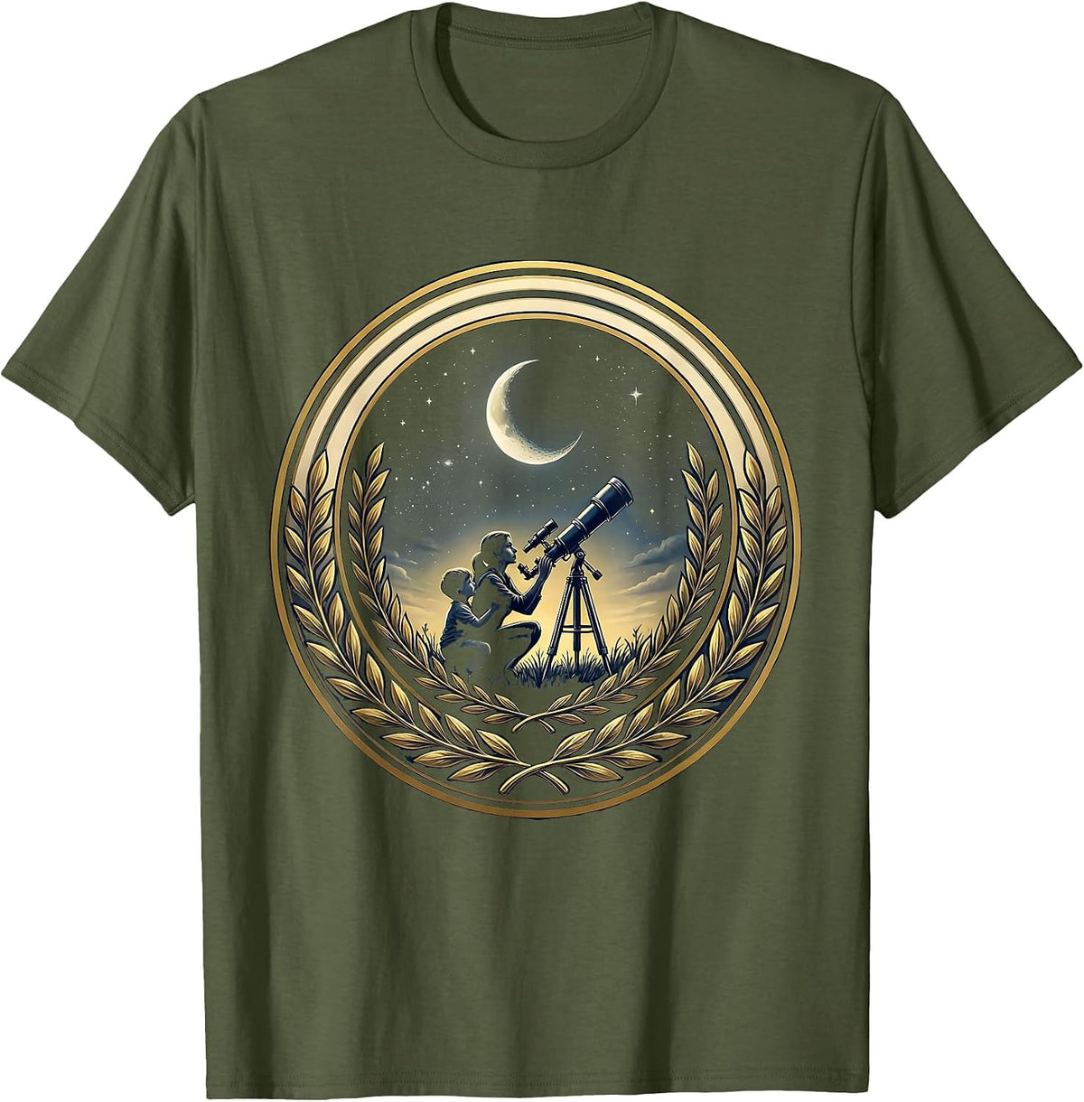 Auntie and Child Stargazing Telescope Design T-Shirt - Olive Green