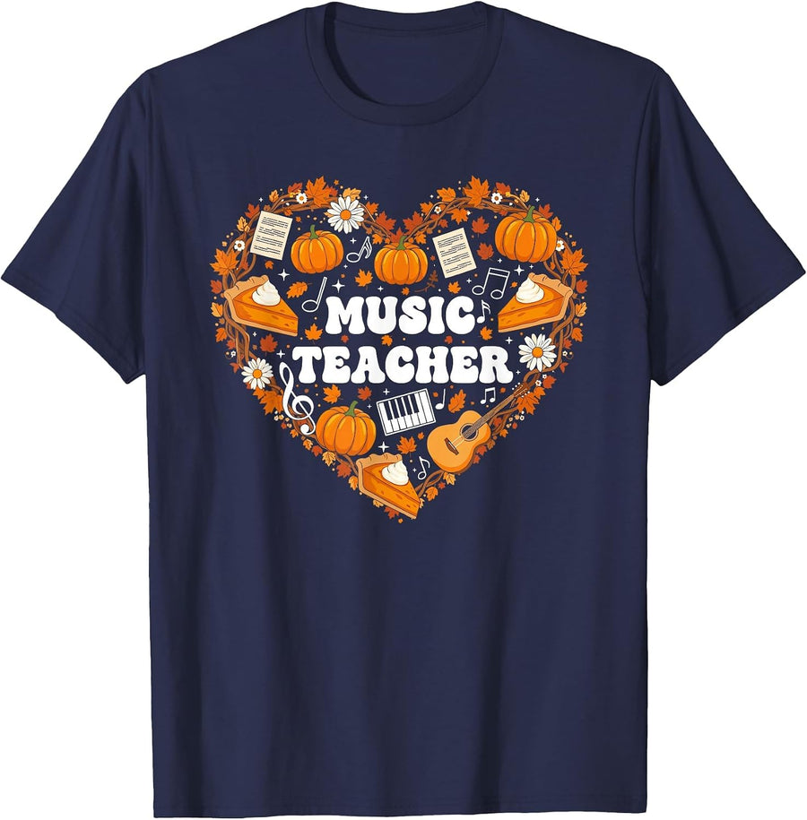 Music Teacher Heart Autumn Thanksgiving Womens Mens Kids T-Shirt - Navy Blue